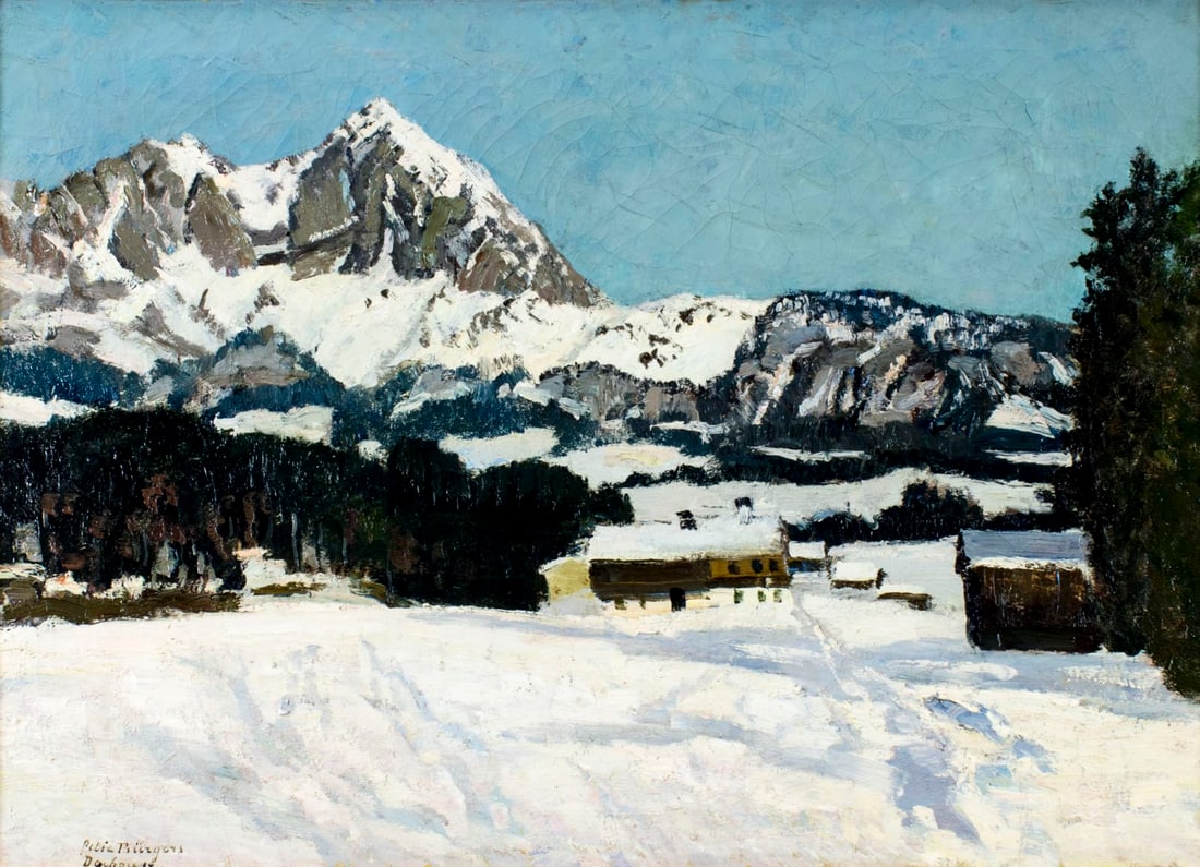 Felix Burgers (German,1870-1934) oil painting antique: ARTIST: Felix Burgers (Germany, 1870 - 1934) NAME: Winter Alpine Landscape MEDIUM: oil on canvas CONDITION: Some craquelure. No visible inpaint under UV light. SIGHT SIZE: 27 x 37 inches