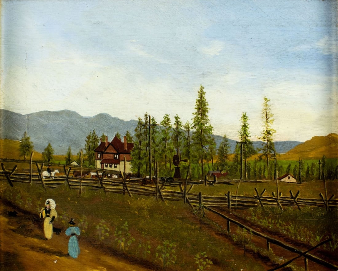 Antique 19C British oil painting: ARTIST: - (United Kingdom, 19 century) TITLE: Farm Landscape MEDIUM: oil on board CONDITION: Few minor scratches/paint losses. Minor craquelure. No visible inpaint under U