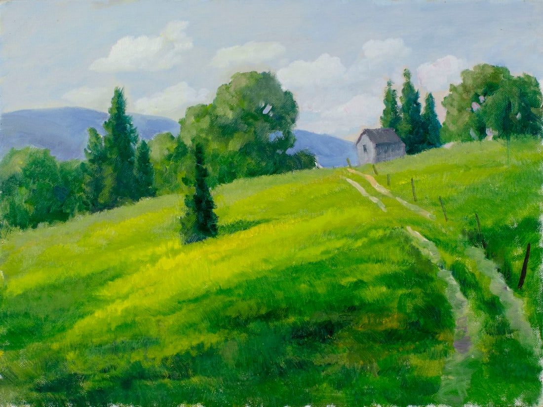 George Holloway (NJ,20C) oil painting: ARTIST: George Holloway (New Jersey, 20 century) TITLE: Hilly Landscape MEDIUM: oil on canvas board CONDITION: Very good. No visible inpaint under UV light. ART S
