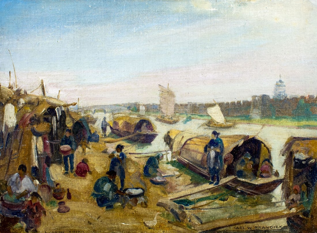Carl Brandien (NY,1886-1965) oil painting: ARTIST: Carl William Brandien (New York, 1886 - 1965) TITLE: Asian River Village YEAR: 1960 MEDIUM: oil on canvas. Canvas applied to board. CONDITION: