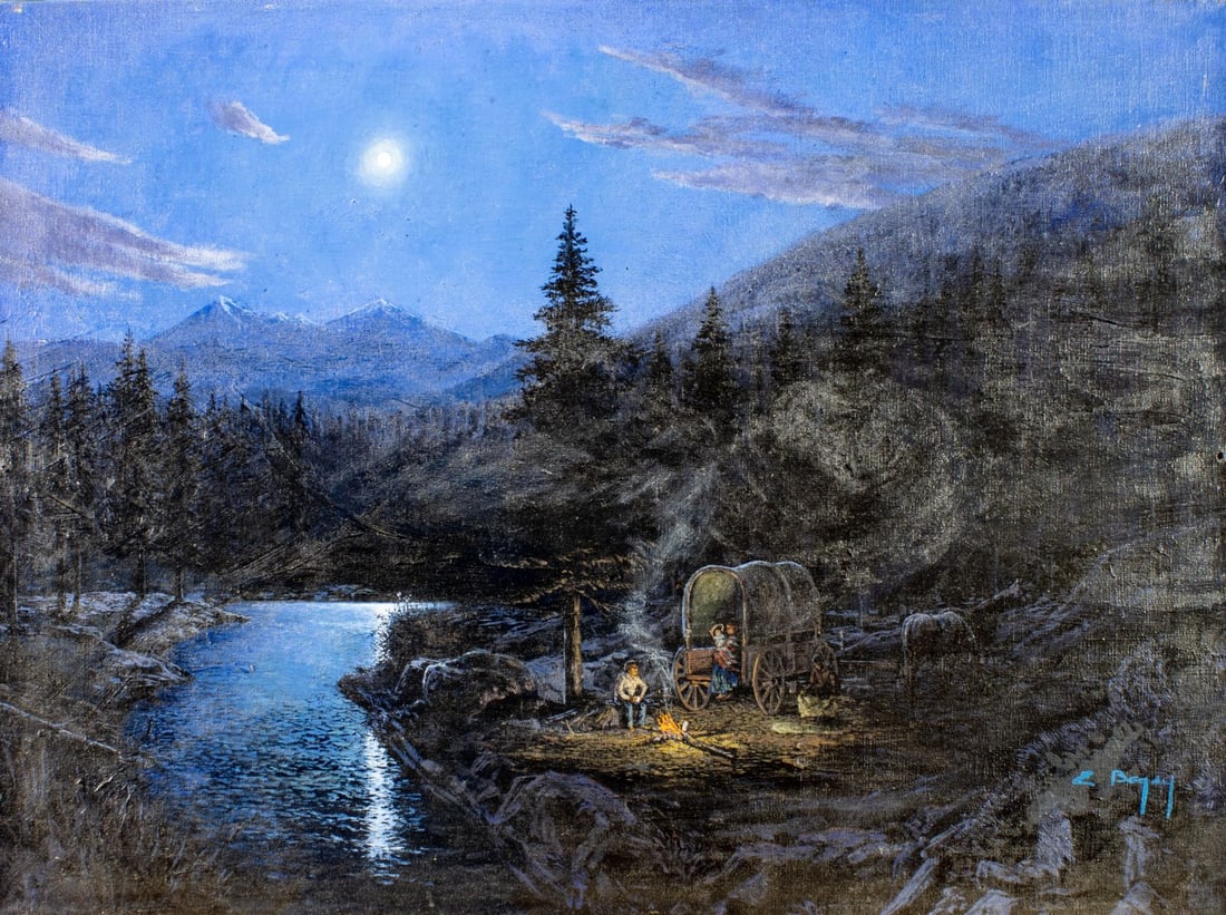 E Begay (US,20C) oil painting: ARTIST: E Begay (American, 20 century) TITLE: Moonlit Landscape with Campfire MEDIUM: oil on canvas CONDITION: Two nail holes along edges. Few minor paint losses. Very mino