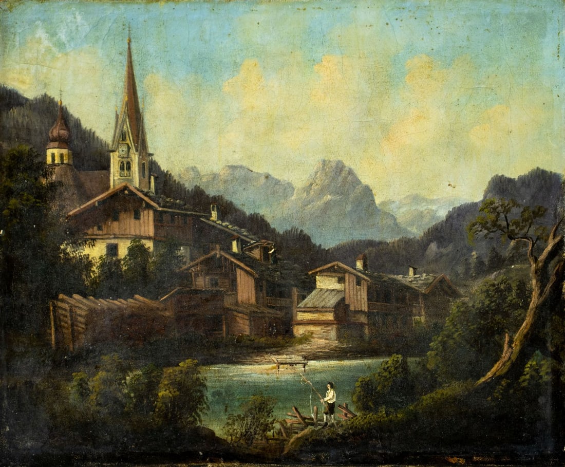 Antique 19C German oil painting: ARTIST: - (Germany, 19 century) TITLE: Medieval Mountain Cityscape MEDIUM: oil on canvas CONDITION: Few small patches. Minor scratches/paint losses mostly along edges. Som