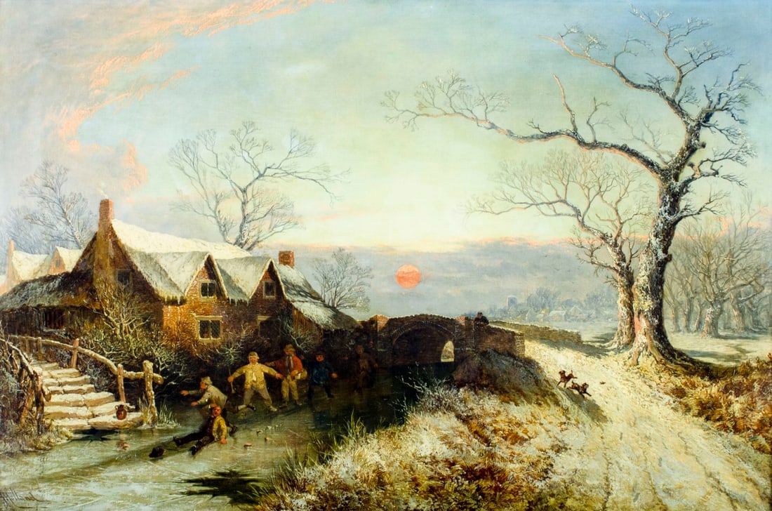 John Holland (UK,1799-1880) oil painting antique: ARTIST: John Holland (United Kingdom, 1799 - 1880) TITLE: Sunset Country Landscape MEDIUM: oil on canvas CONDITION: Relined. Few small paint losses. Some scattered inpaintin