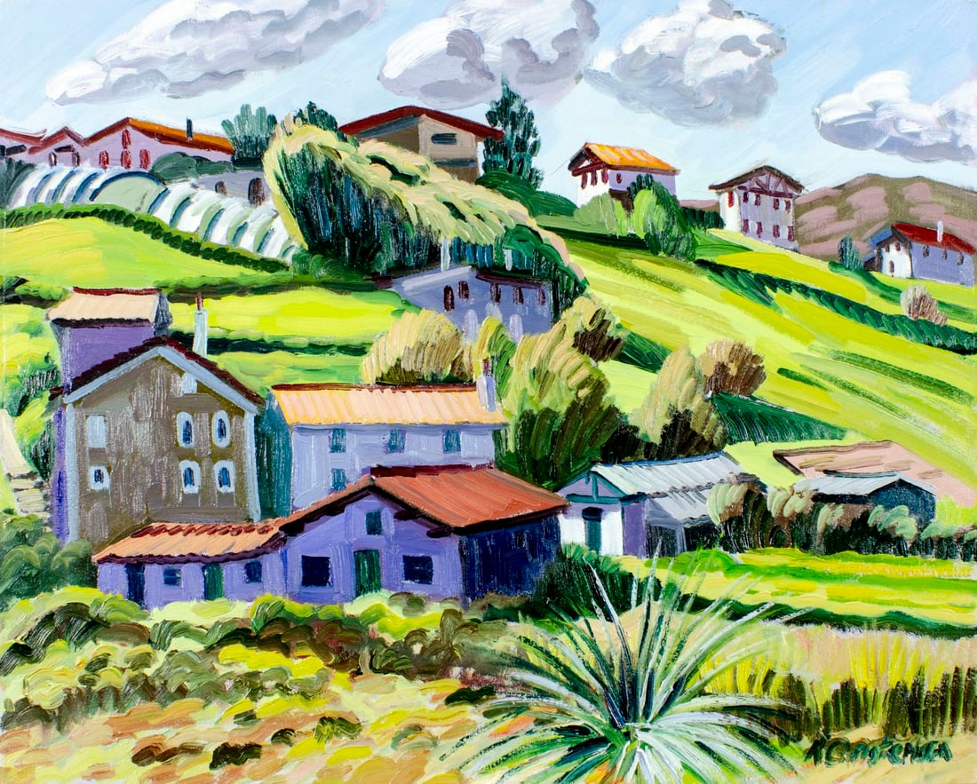 Ken Christensen (MI,CA,OH,b 1951) oil painting: ARTIST: Ken Christensen (Michigan, California, Ohio, born 1951) TITLE: Basque Landscape with Houses (titled on verso) MEDIUM: oil on canvas CONDITION: Very good. No visible