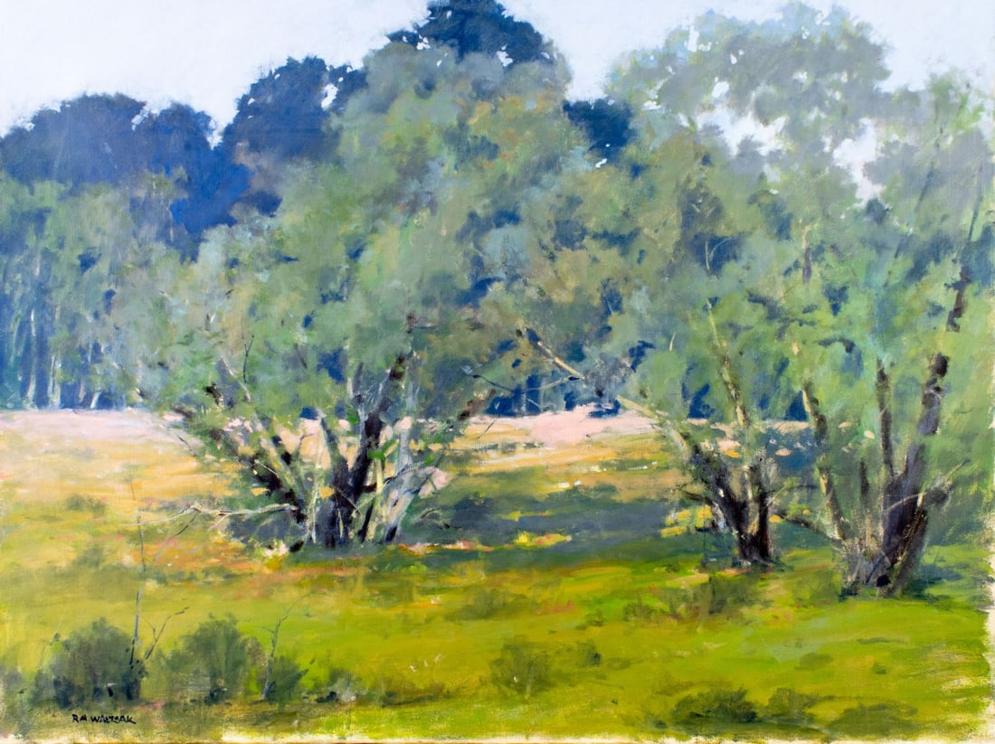 Robert Waltsak (NJ,b 1944) oil painting: ARTIST: Robert Alan Waltsak (New Jersey, born 1944) TITLE: Forest Landscape MEDIUM: oil on canvas CONDITION: Few minor scratches/paint losses. No visible inpaint under UV li