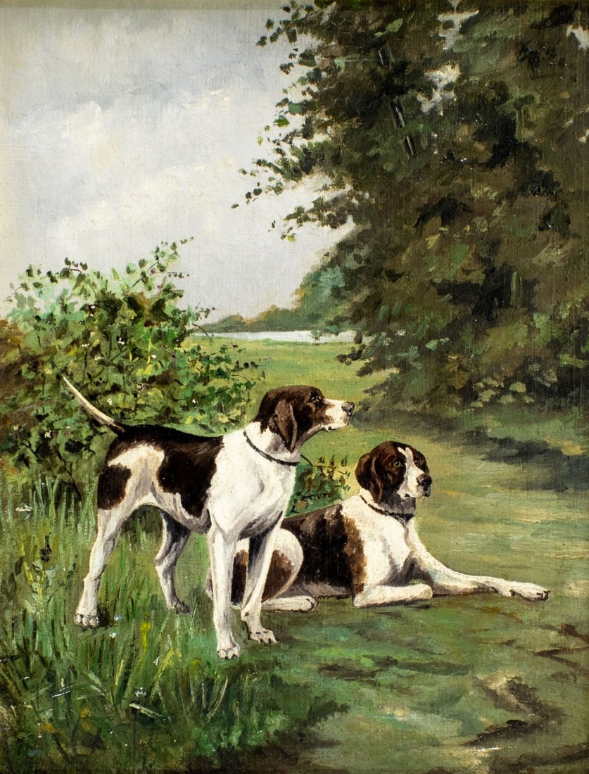 Antique 19C British oil painting: ARTIST: - (United Kingdom, 19 century) TITLE: Two Hound Dogs MEDIUM: oil on canvas CONDITION: One small patch. Some craquelure. Some scattered small inpaintings.