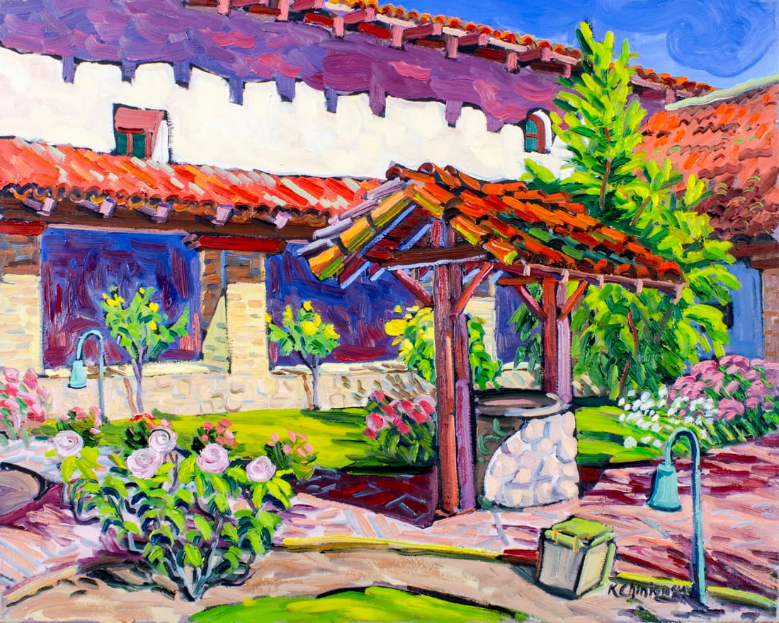 Ken Christensen (MI,CA,OH,b 1951) oil painting: ARTIST: Ken Christensen (Michigan, California, Ohio, born 1951) TITLE: Mission Garden (titled on verso) MEDIUM: oil on canvas CONDITION: Very good. No visible inpaint under