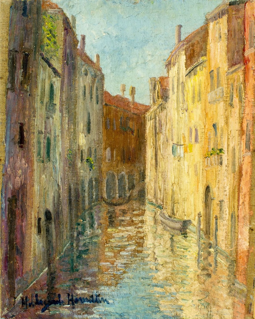 Hildegarde Hamilton (FL,VA,1898-1970) oil painting: ARTIST: Hildegarde Hume Hamilton (Florida, Virginia, 1898 - 1970) TITLE: Venetian Canal Cityscape, Italy (titled on verso) MEDIUM: oil on canvas CONDITION: Minor paint los