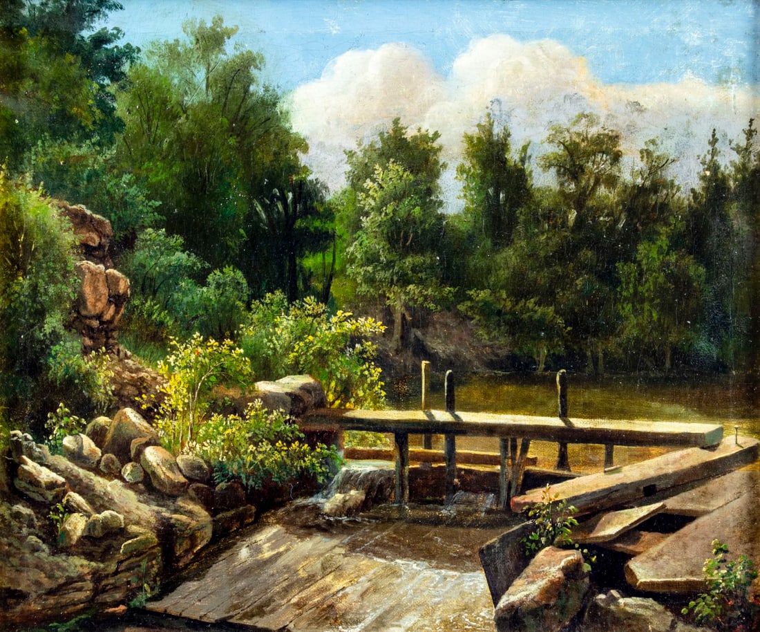 ATTR Joseph F Cole (MA,CA,ME,1837-1892) oil painting antique: ARTIST: ATTRIBUTED TO Joseph Foxcroft Cole (Massachusetts, California, Maine, 1837 - 1892) TITLE: Stream Landscape MEDIUM: oil on canvas CONDITION: Missing a few flakes of