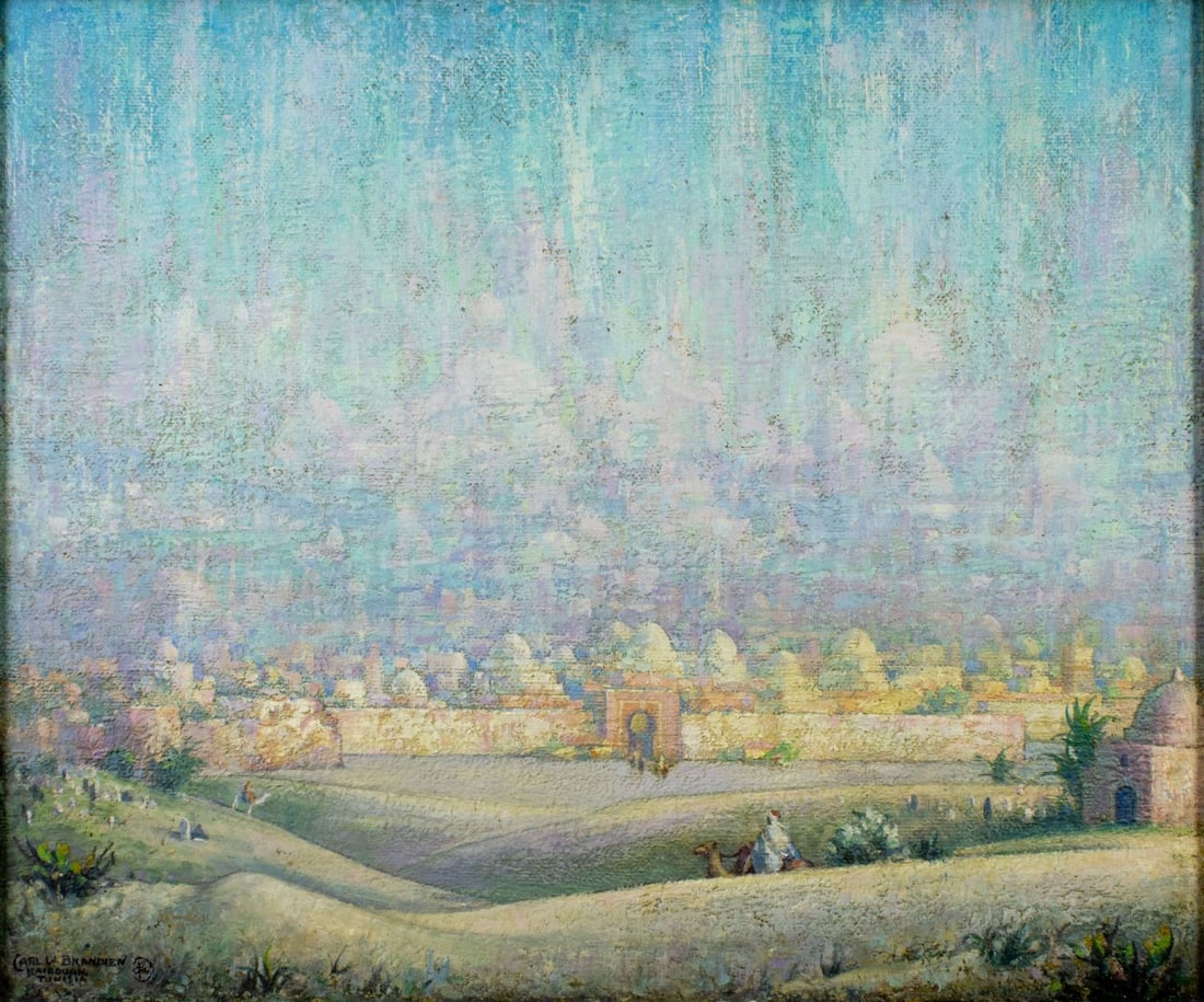 Carl Brandien (NY,1886-1965) oil painting: ARTIST: Carl William Brandien (New York, 1886 - 1965) TITLE: A Mirage at the Sacred City, Kairouan, Tunisia (titled on verso) MEDIUM: oil on board CONDITION: Few minor pai