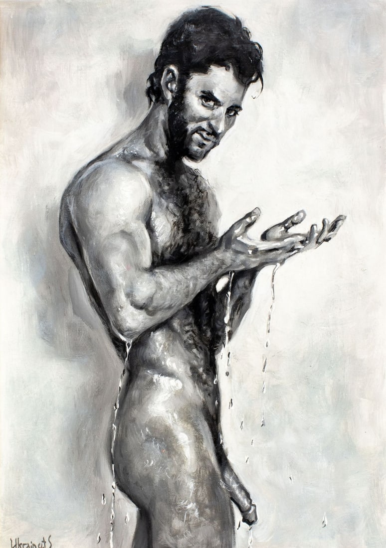 Valentin Ukrainets (Ukraine,b 1965) oil painting: ARTIST: Valentin Ukrainets (Ukrainian, born 1965) TITLE: Male Nude - Figure with Drops (titled on verso) MEDIUM: oil on canvas CONDITION: Very good. No visible inpaint under