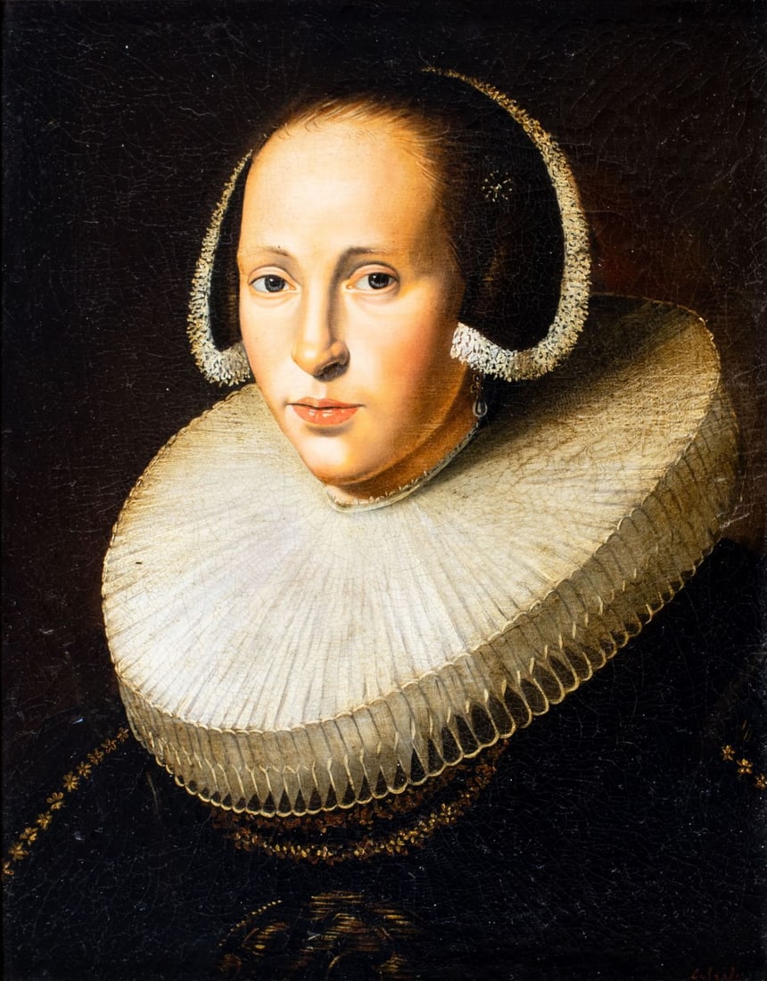 Ida Calzolari (Italy,1936-?) oil painting: ARTIST: Ida Calzolari (Italian, 1936 - ???) TITLE: Portrait - Wife of Bourgeois (titled on stretcher) MEDIUM: oil on canvas CONDITION: Few very minor paint losses. Some cr