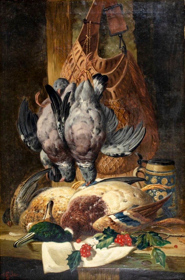 Charles Thomas Bale (UK,fl 1866-1875) oil painting antique: ARTIST: Charles Thomas Bale (United Kingdom, fl.1866 - 1875) TITLE: Still Life with Dead Game MEDIUM: oil on canvas CONDITION: Three patches. Some scratches/paint losses.