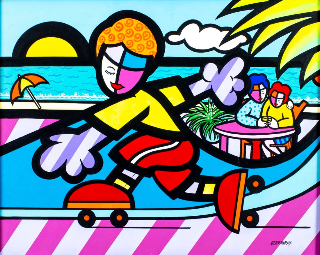Valter de Morais (FL,Brazil,b 1948) acrylic painting: ARTIST: Valter de Morais (Florida, Brazilian, born 1948) TITLE: Roller Skating Boy YEAR: 1998 MEDIUM: acrylic on canvas CONDITION: Minor paint losses. Fe