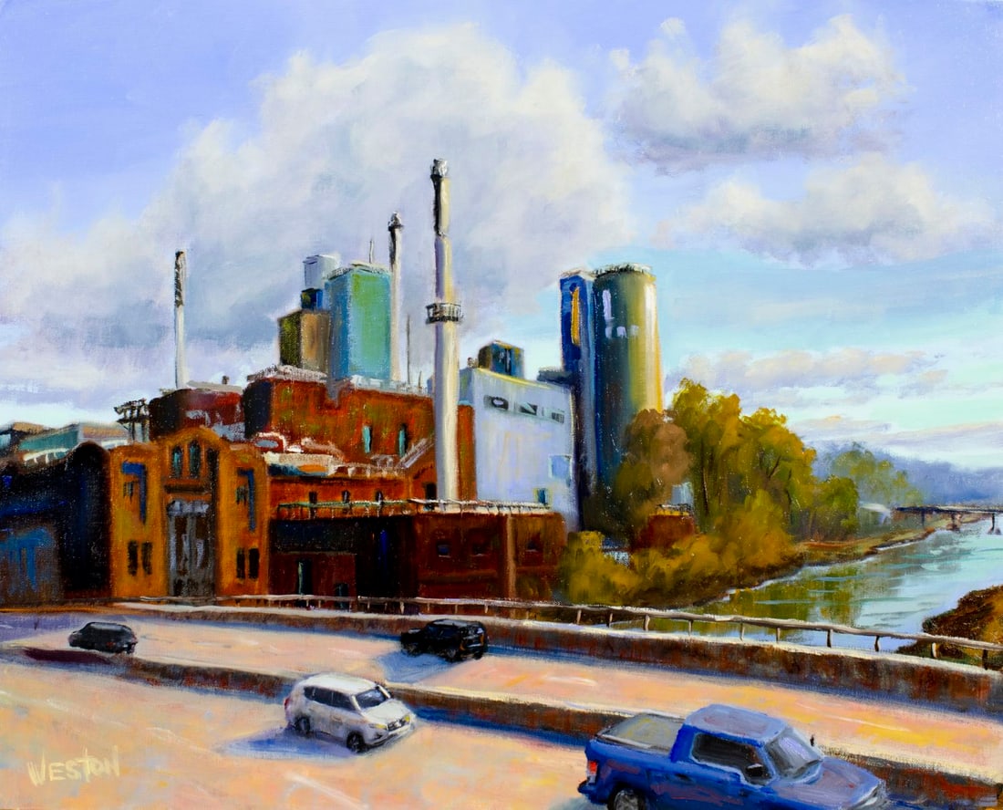 Weston Bush (Ohio,20/21C) oil painting: ARTIST: Weston Bush (Ohio, 20/21 centuries) TITLE: Iowa City Waterplant MEDIUM: oil on canvas board CONDITION: Very good. No visible inpaint under UV light. ART S