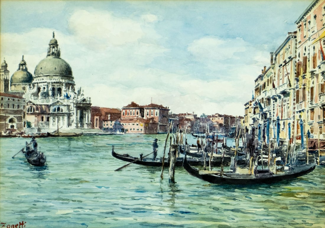 Zanetti (Italy,early 20C) watercolor painting antique: ARTIST: Zanetti (Italian, early 20 century) TITLE: Venice Cityscape MEDIUM: watercolor on paper CONDITION: Very good. Framed under glass. ART SIZE: 10 x