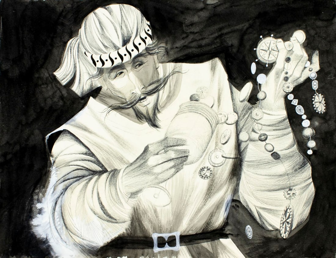 Robert J Lee (NY,CA,1921-1994) mixed media painting: ARTIST: Robert J Lee (New York, California, 1921 - 1994) TITLE: Arabian Nights Illustration MEDIUM: mixed media on board CONDITION: Very good. ART SIZE: