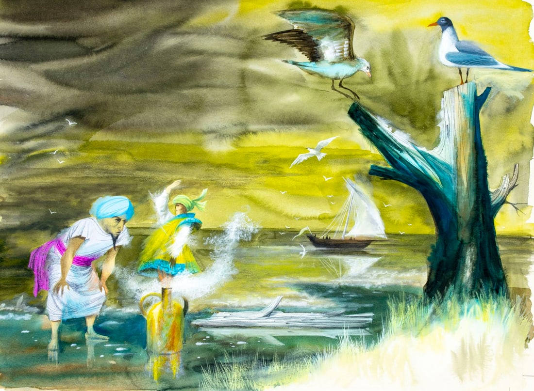 Robert J Lee (NY,CA,1921-1994) watercolor painting: ARTIST: Robert J Lee (New York, California, 1921 - 1994) TITLE: Arabian Nights Illustration YEAR: circa 1965 MEDIUM: watercolor and gouache on board CONDITION:<