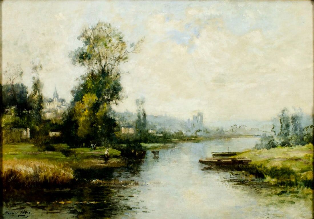 Maurice Levis (France,1860-1940) oil painting antique: ARTIST: Maurice Levis (French, 1860 - 1940) TITLE: River Landscape MEDIUM: oil on canvas CONDITION: One small patch-repaired tear. Few minor paint losses. Some scattered i