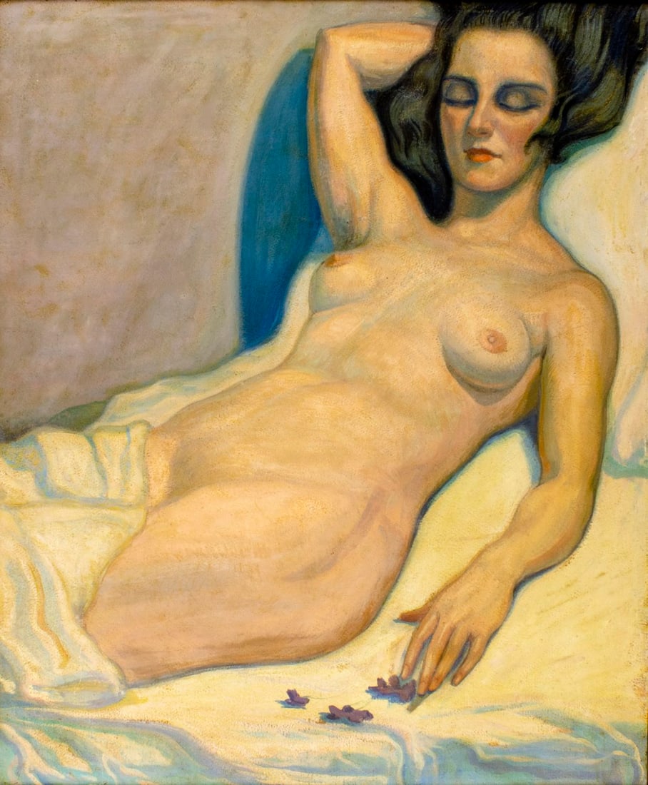 Antique early 20C American oil painting: ARTIST: - (American, early 20 century) TITLE: Sleeping Nude MEDIUM: oil on board CONDITION: Few nail holes along edges. Few small scratches/paint losses. Some scattered in