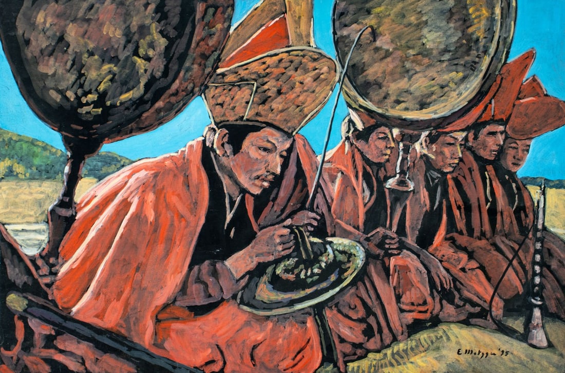 Evelyn Metzger (NY,Brazil,1911-2007) oil painting: ARTIST: Evelyn Borchard Metzger (New York, Brazilian, 1911 - 2007) TITLE: Bhutan Monks Orchestra (titled on verso) YEAR: 1995 MEDIUM: oil on board CONDITION: