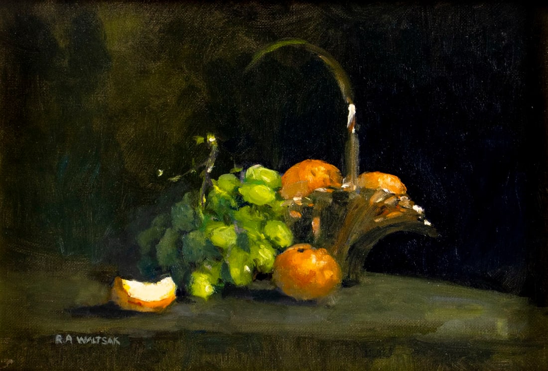 Robert Waltsak (NJ,b 1944) oil painting: ARTIST: Robert Alan Waltsak (New Jersey, born 1944) TITLE: Still Life with Fruits MEDIUM: oil on canvas CONDITION: Few minor paint losses. No visible inpaint under UV light.