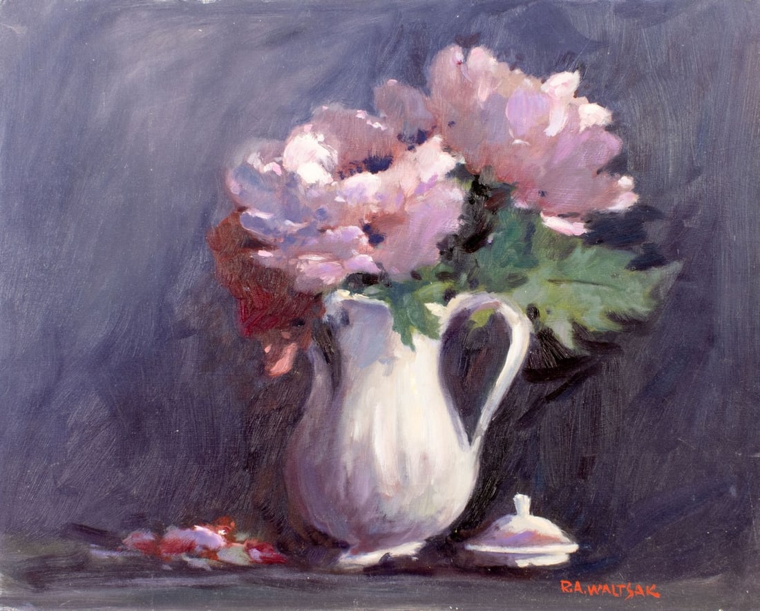 Robert Waltsak (NJ,b 1944) oil painting: ARTIST: Robert Alan Waltsak (New Jersey, born 1944) TITLE: Still Life with Jug of Pink Peonies MEDIUM: oil on board CONDITION: Few minor scratches/paint losses. No visible i