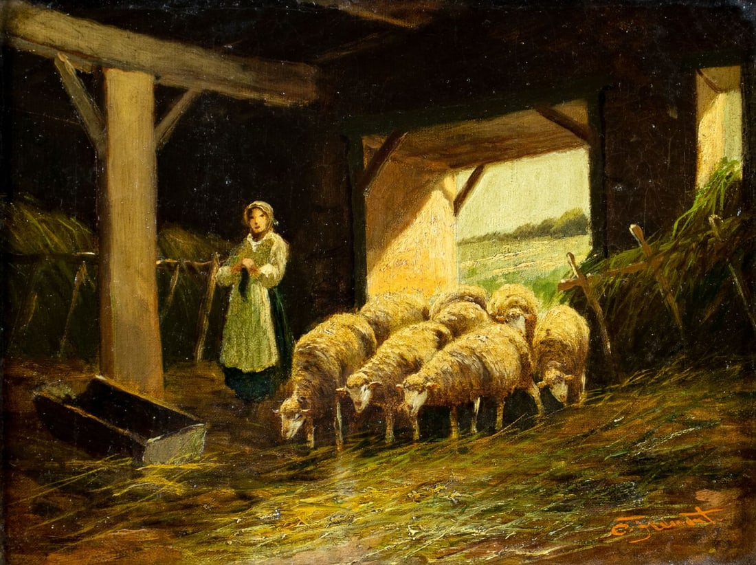 C Fremont (US,early 20C) oil painting: ARTIST: C Fremont (American, early 20 century) TITLE: Sheep in Barn MEDIUM: oil on canvas CONDITION: Some craquelure. No visible inpaint under UV light. Some damages to fram