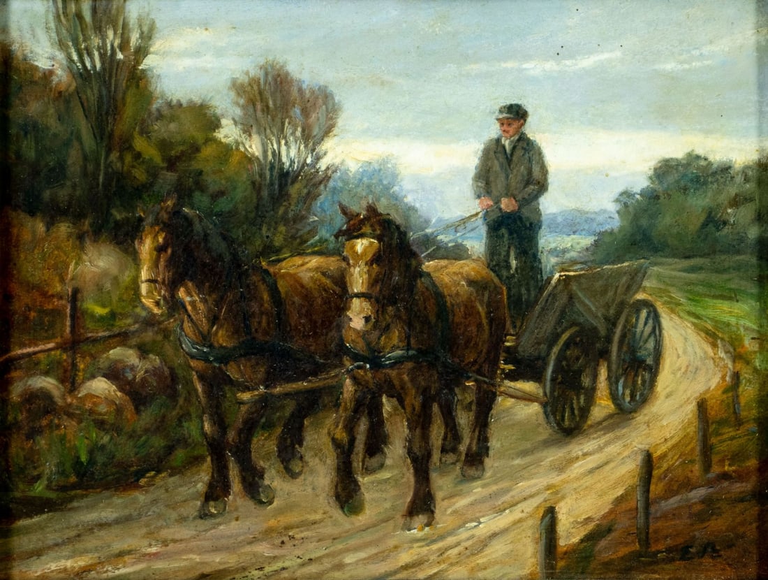 Eva Andersen (Danish,1905-1981) oil painting: ARTIST: Eva Andersen (Denmark, 1905 - 1981) TITLE: Horse Drawn Cart MEDIUM: oil on board CONDITION: Some scattered small inpaintings. ART SIZE: 11 x 14