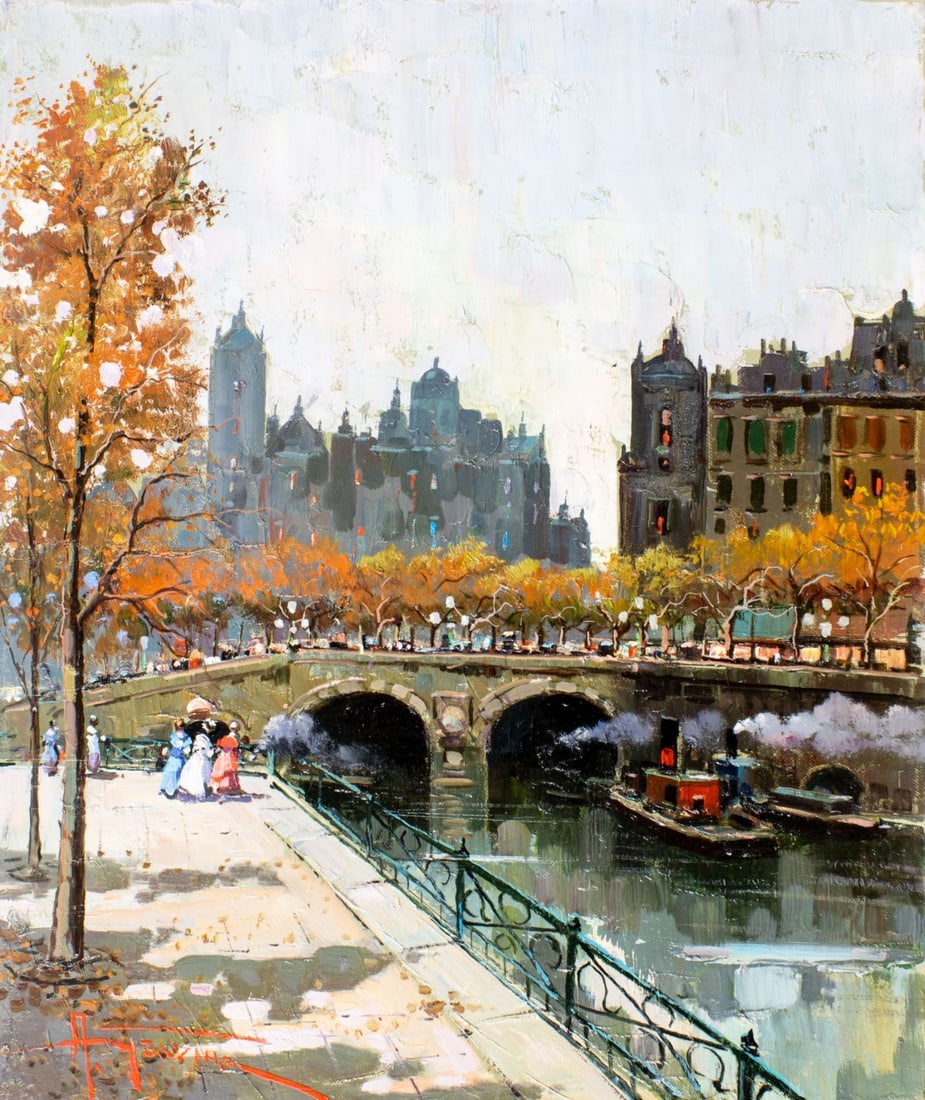 Antonio Gravina (Italy,1934-2011) oil painting: ARTIST: Antonio Gravina (Italian, 1934 - 2011) TITLE: Autumn Cityscape, Paris, France (titled on verso) MEDIUM: oil on canvas CONDITION: Very good. No visible inpaint unde