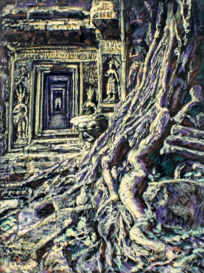 Evelyn Metzger (NY,Brazil,1911-2007) oil painting: ARTIST: Evelyn Borchard Metzger (New York, Brazilian, 1911 - 2007) TITLE: Treeroots and Temple (titled on verso) MEDIUM: oil on board CONDITION: Few minor paint losses mostl