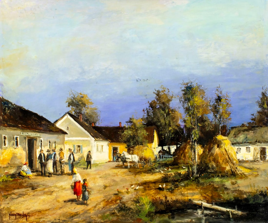 Attila Nagy (Hungary,1928-?) oil painting: ARTIST: Attila Nagy (Hungarian, 1928 - ???) TITLE: Village Landscape MEDIUM: oil on canvas CONDITION: Unstretched (In-House stretching available). Missing a few flakes of