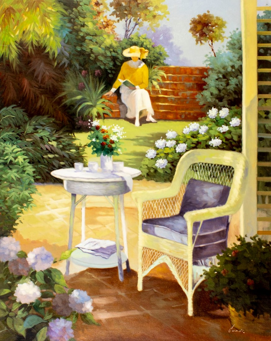 Lugano Candi (Italy,Argentina,born 1948) oil painting: ARTIST: Lugano Candi (Italian, Argentinian, born 1948) TITLE: Garden Scene MEDIUM: oil on canvas CONDITION: Unstretched (In-House stretching available). Few minor scratches/