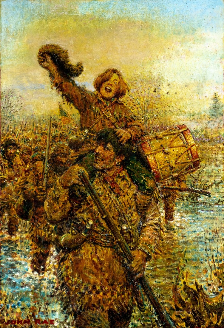 John Rae (NJ,1882-1963) oil painting: ARTIST: John Rae (New Jersey, 1882 - 1963) TITLE: Illustration fot The Crossing by Winston Churchill (titled on verso) MEDIUM: oil on canvas board CONDITION: Few nail hole