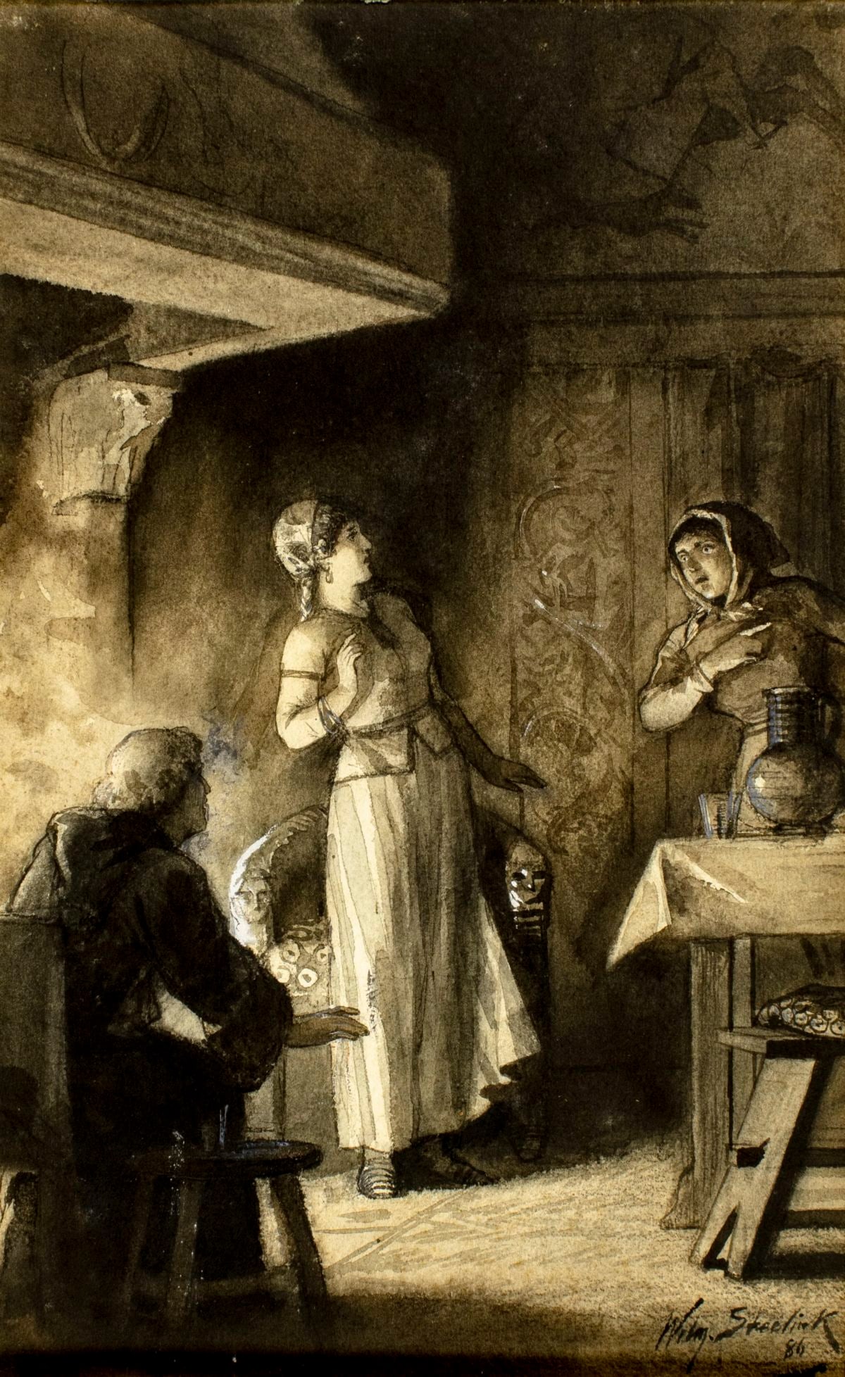Willem Steelink II (Dutch,1856-1928) watercolor painting antique: ARTIST: Willem Steelink II (Netherlands, 1856 - 1928) TITLE: Interior Scene YEAR: 1886 MEDIUM: watercolor on paper CONDITION: Some foxing. Some age ton