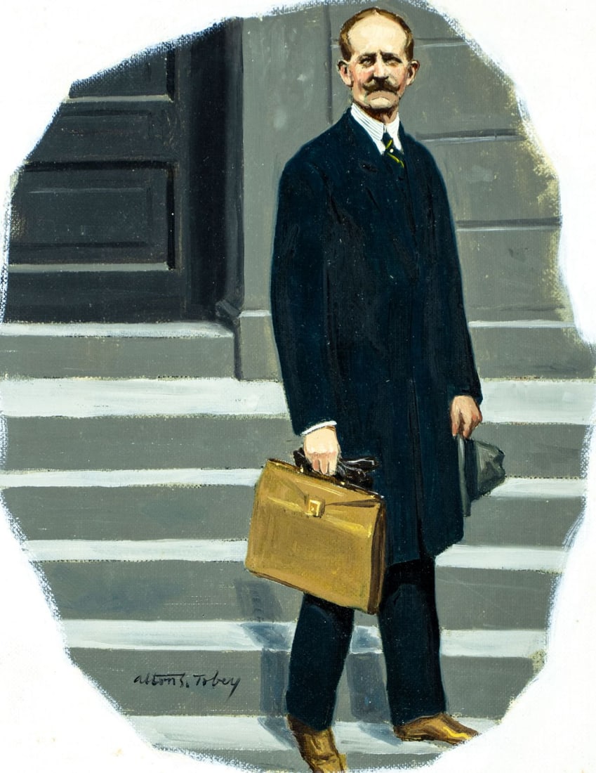Alton Tobey (CT,1914-2005) oil painting: ARTIST: Alton Stanley Tobey (Connecticut, 1914 - 2005) TITLE: Illustration MEDIUM: oil on canvas board CONDITION: Missing a few flakes of paint. No visible inpaint under U
