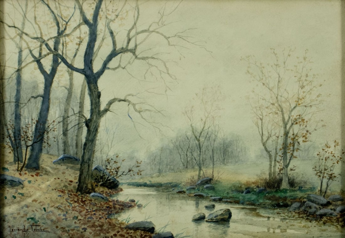 Lucien De Latouche (France,1811-1870) watercolor painting antique: ARTIST: Lucien De Latouche (French, 1811 - 1870) TITLE: Autumn River Landscape MEDIUM: watercolor on heavy paper CONDITION: Very good. Minor age toning. Framed under glass