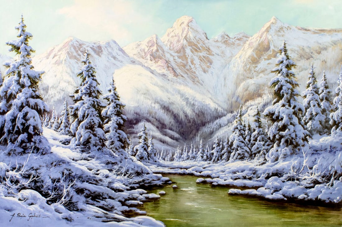 A Bela Gabris (Hungary,fl. 1940-1970) oil painting: ARTIST: A Bela Gabris (Hungarian, act. 1940 - 1970) TITLE: Winter Mountain Landscape MEDIUM: oil on canvas CONDITION: Unstretched (In-House stretching available). Overall