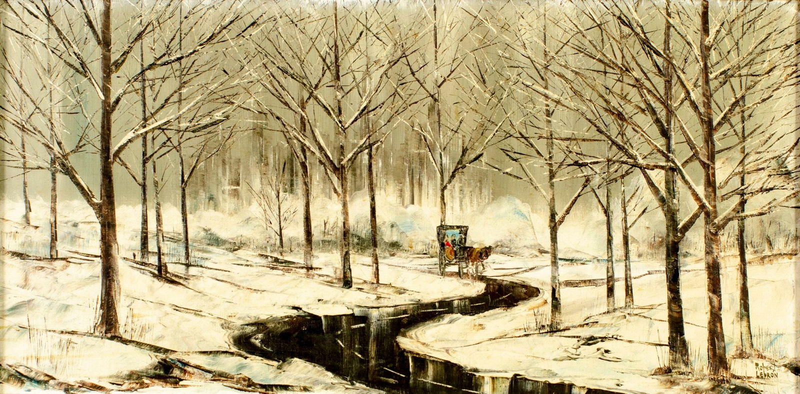 Robert Lebron (NY,Puerto Rico,1928-2013) oil painting: ARTIST: Robert Lebron (New York, Puerto Rican, 1928 - 2013) TITLE: Winter Central Park Landscape MEDIUM: oil on canvas CONDITION: Missing a few flakes of paint. Very minor