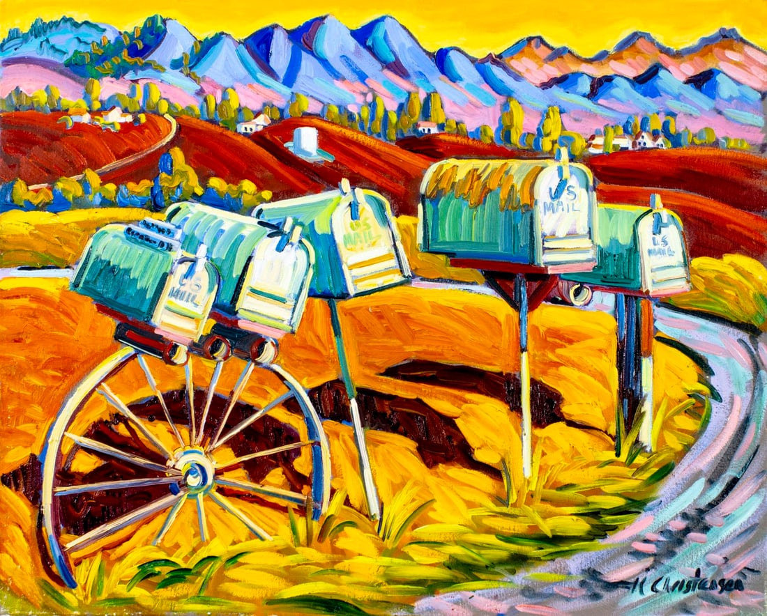 Ken Christensen (MI,CA,OH,b 1951) oil painting: ARTIST: Ken Christensen (Michigan, California, Ohio, born 1951) TITLE: Mailboxes and Red Hills (titled on verso) YEAR: 2007 MEDIUM: oil on canvas CONDITION: