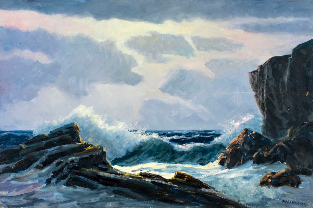 Judd Wilson (NJ,20C) oil painting: ARTIST: Judd Wilson (New Jersey, 20 century) TITLE: Seascape MEDIUM: oil on board CONDITION: Few scratches/paint losses. No visible inpaint under UV light. ART SI