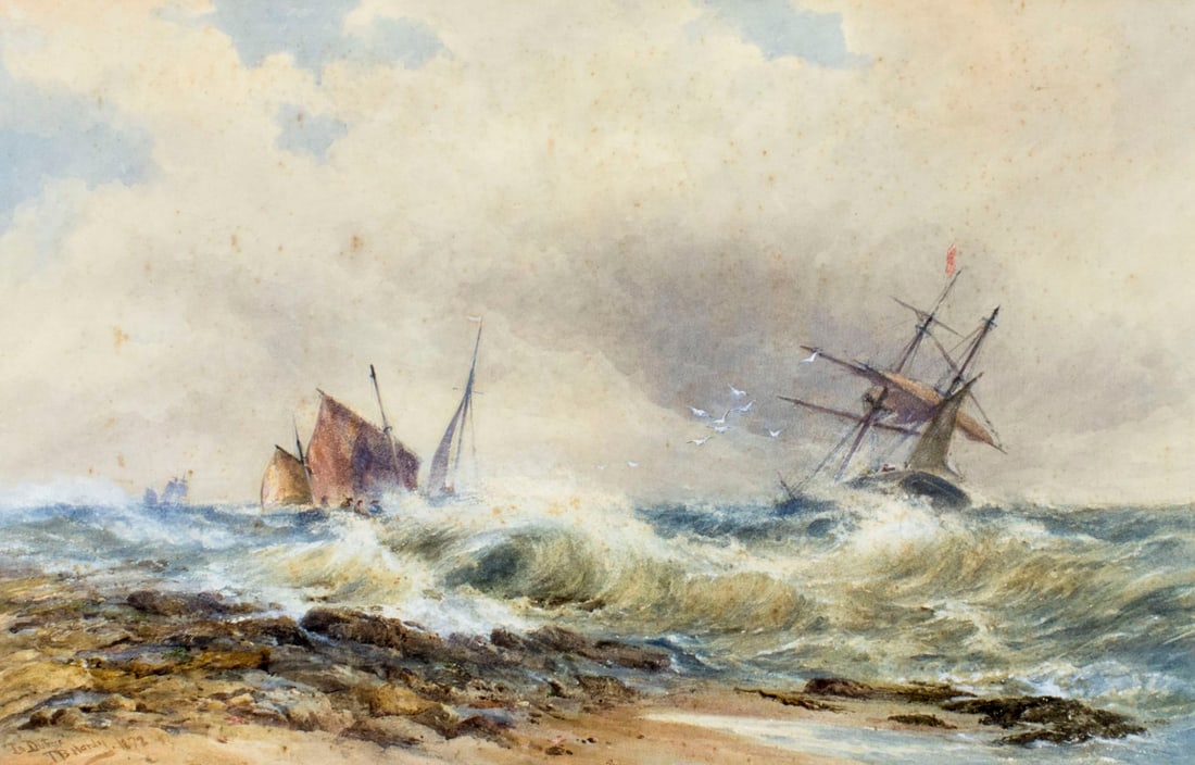 Thomas Bush Hardy (UK,1842-1897) watercolor painting antique: ARTIST: Thomas Bush Hardy (British, 1842 - 1897) NAME: In Distress YEAR: 1872 MEDIUM: watercolor on paper CONDITION: Some foxing. Some age toning. SIGHT SIZE: 17 x 27