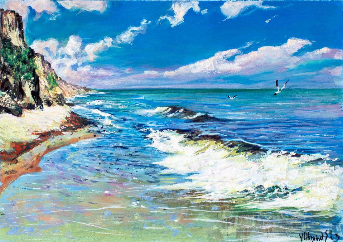 Valentin Ukrainets (Ukraine,b 1965) acrylic painting: ARTIST: Valentin Ukrainets (Ukrainian, born 1965) TITLE: Seascape - Sunny on the Black Sea, Sanzhiyka, Ukraine (titled on verso) MEDIUM: acrylic on heavy paper CONDITION: Ve