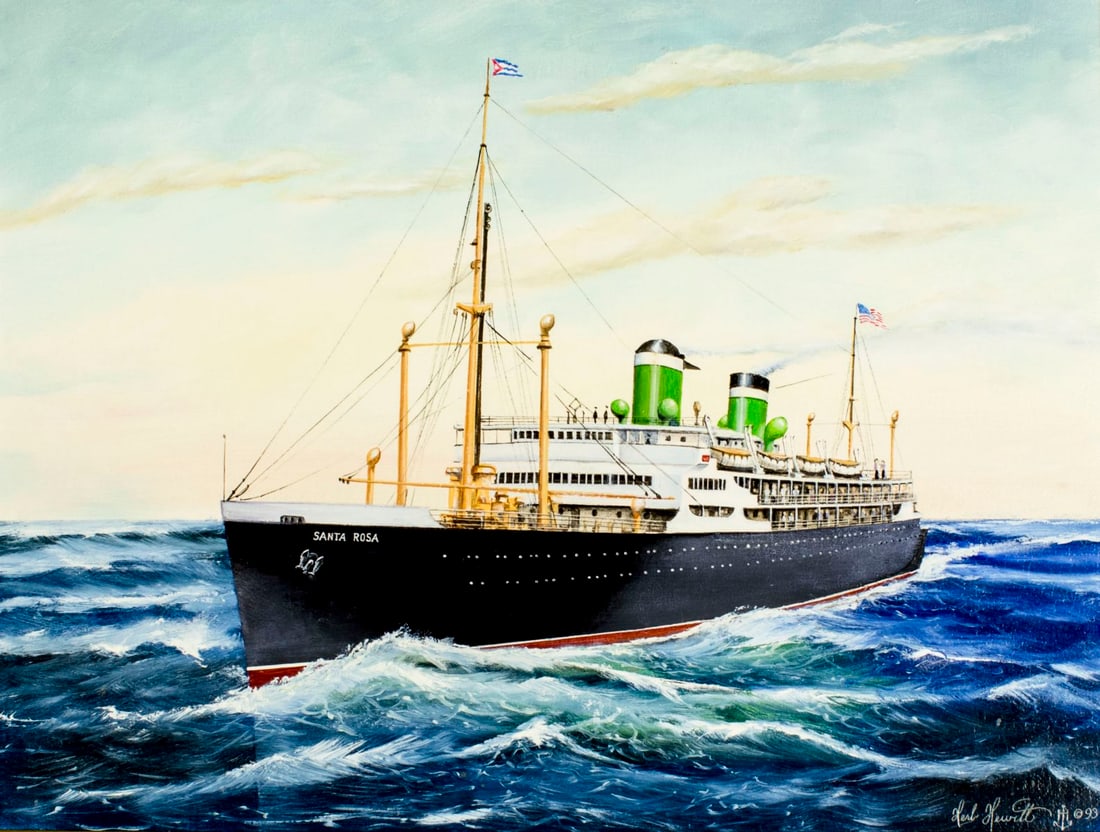 Herb Hewitt (MA,20C) oil painting 2-sided: ARTIST: Herb Hewitt (Massachusetts, 20/21 Century) NAME: Ship Saint Rosa YEAR: 1993 MEDIUM: oil on board CONDITION: Very good. Minor craquelure. No visible inpaint under