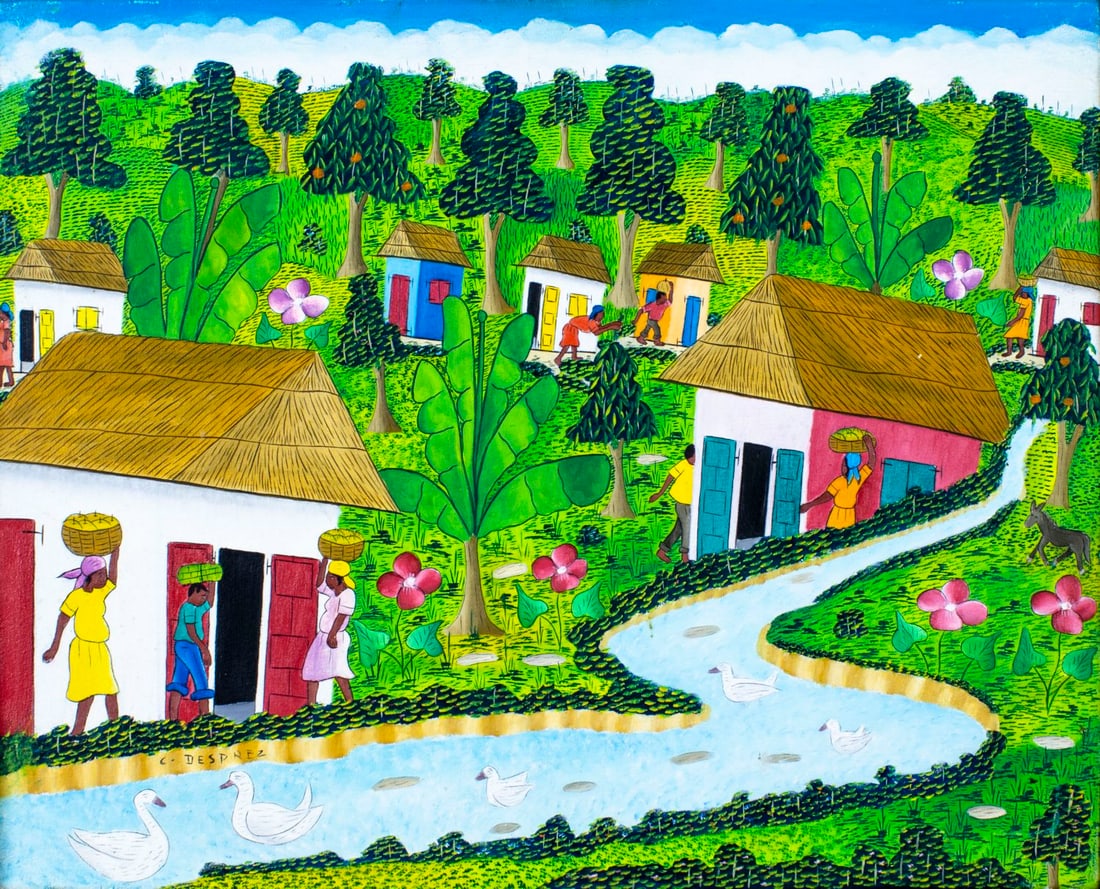 Cyrill Desprez (Haiti,20C) oil painting: ARTIST: Cyrill Desprez (Haitian, 20 century) TITLE: Haitian Village Scene MEDIUM: oil on canvas CONDITION: Minor paint losses mostly along edges. No visible inpaint under UV