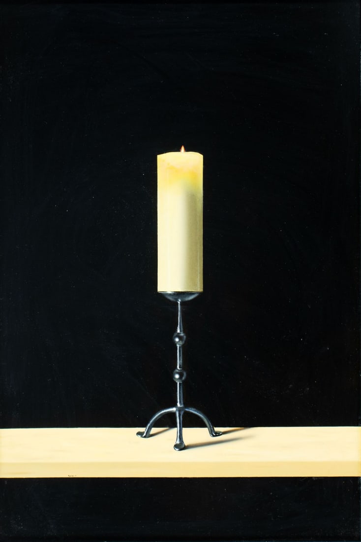 Matthew Pierog (NY,b 1975) oil painting: ARTIST: Matthew Pierog (New York, born 1975) TITLE: Lit Candle (titled on label) YEAR: 2003 MEDIUM: oil on board CONDITION: Few small scratches/paint los