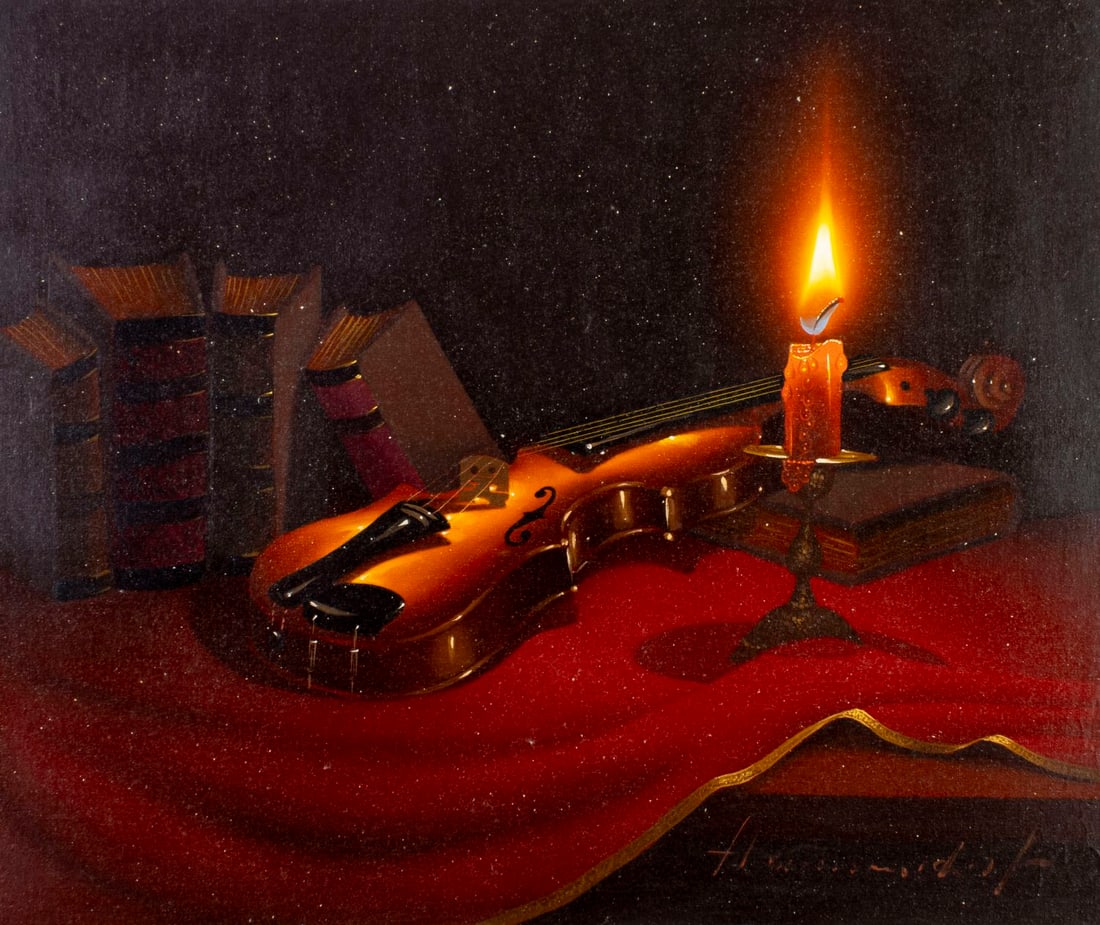 Alois M Hennersdorf (German,1927-?) oil painting: ARTIST: Alois M Hennersdorf (Germany, 1927 - ???) TITLE: Still Life with Candle, Books and Violin MEDIUM: oil on canvas CONDITION: Unstretched (In-House stretching availab