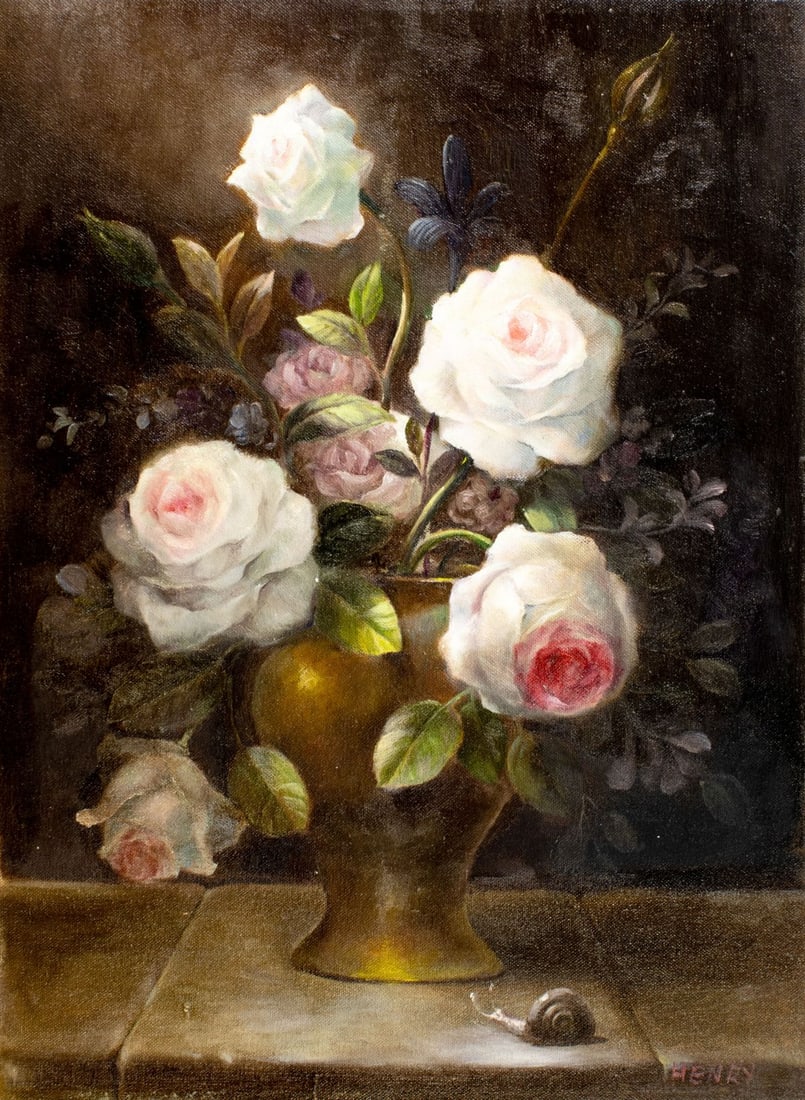 C S Henry (Europe,20C) oil painting: ARTIST: C S Henry (European, 20 century) TITLE: Still Life with Vase of Roses MEDIUM: oil on canvas CONDITION: Overall good. No visible inpaint under UV light. AR