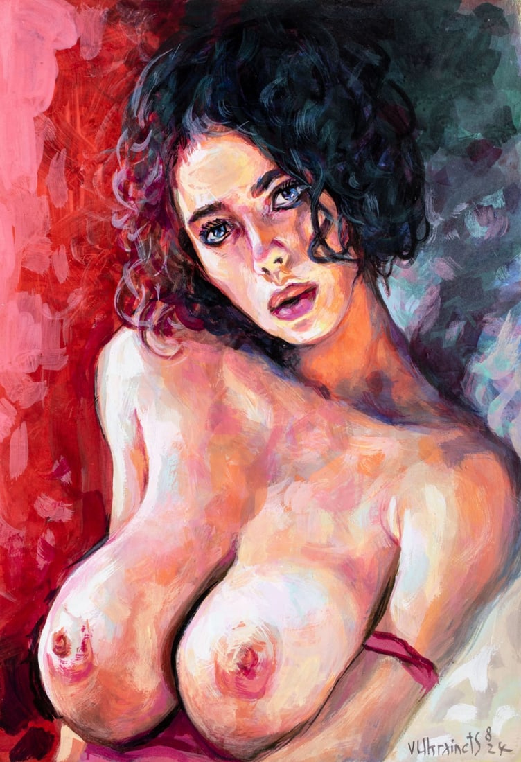 Valentin Ukrainets (Ukraine,b 1965) acrylic painting: ARTIST: Valentin Ukrainets (Ukrainian, born 1965) TITLE: Nude - Lady on a Dark Red Background (titled on verso) MEDIUM: acrylic on heavy paper CONDITION: Very good. No visib