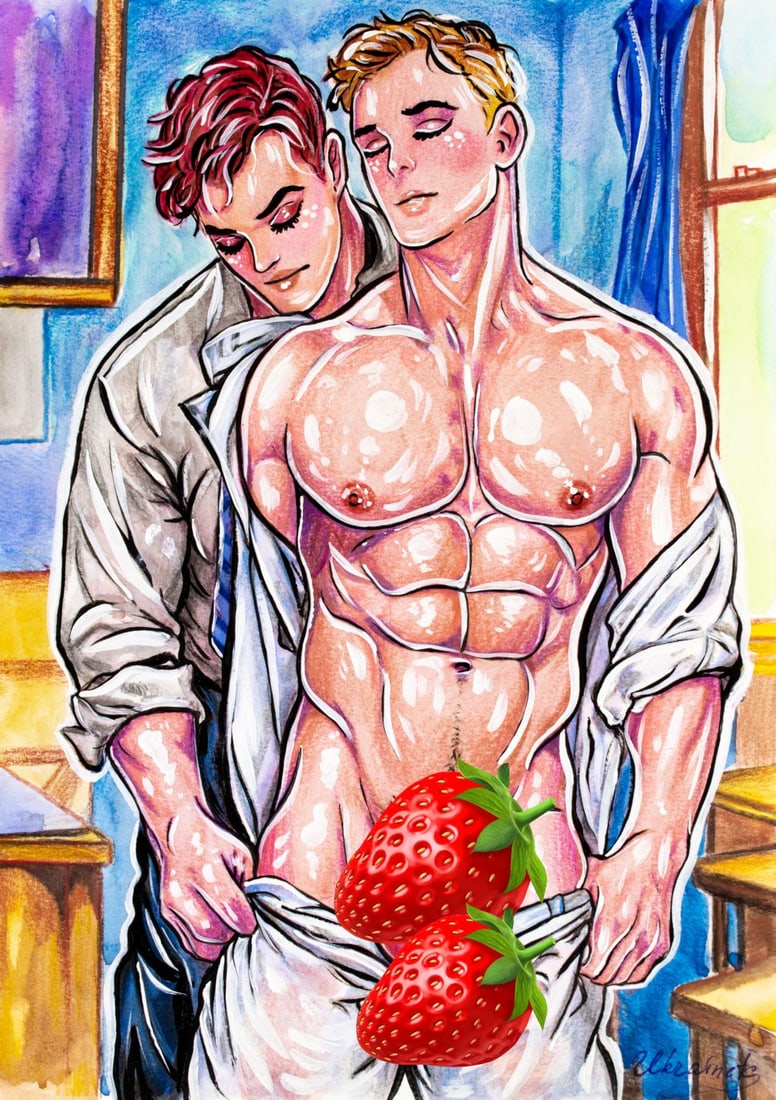 Alex Ukrainets (Ukraine,b 2001) mixed media painting: ARTIST: Alex Ukrainets (Ukrainian, born 2001) TITLE: Male Nudes - Private Moments (titled on verso) MEDIUM: mixed media on heavy paper CONDITION: Minor horizontal crease lin